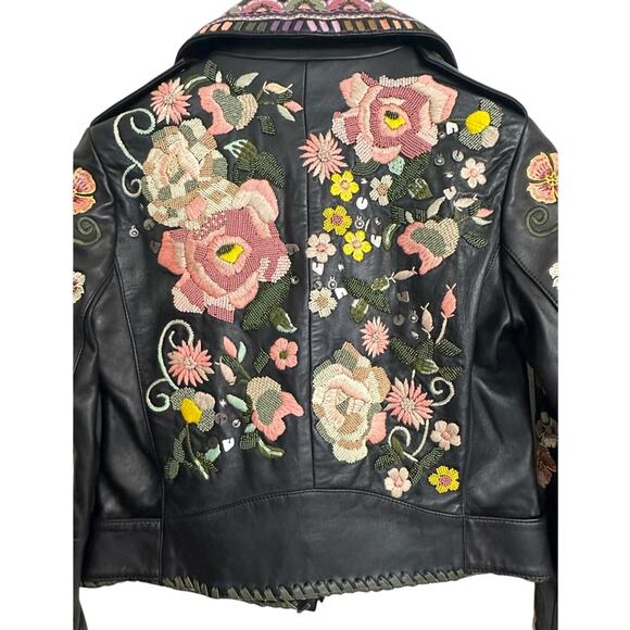 Alice + Olivia Cody Embroidered Leather Jacket size US XS Black Floral Moto - Picture 15 of 16